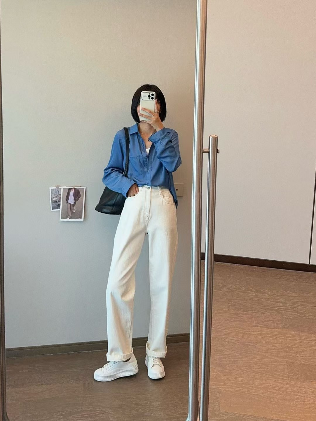 女款春秋季直筒宽松设计休闲裤显瘦高腰弹力白色牛仔裤 一件代发详情3