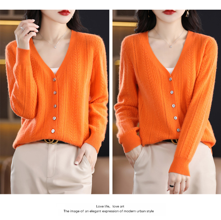 绒狼2023秋冬新款女士V领羊毛针织麻花开衫宽松长袖短款外套女详情18