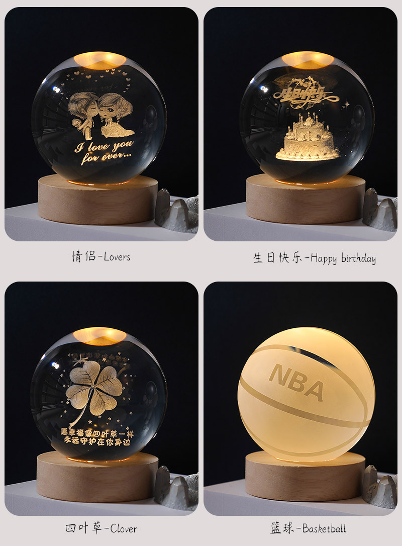 Escultura interior 3d bola de cristal pequeña luz nocturna galaxia bola de vidrio base luminosa de madera mesa de escritorio de ping-pong regalos de decoración de vacaciones pic 6