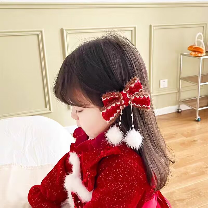 儿童红色貂绒发夹喜庆新年古风发饰女童宝宝春节汉服发卡少女头饰详情41