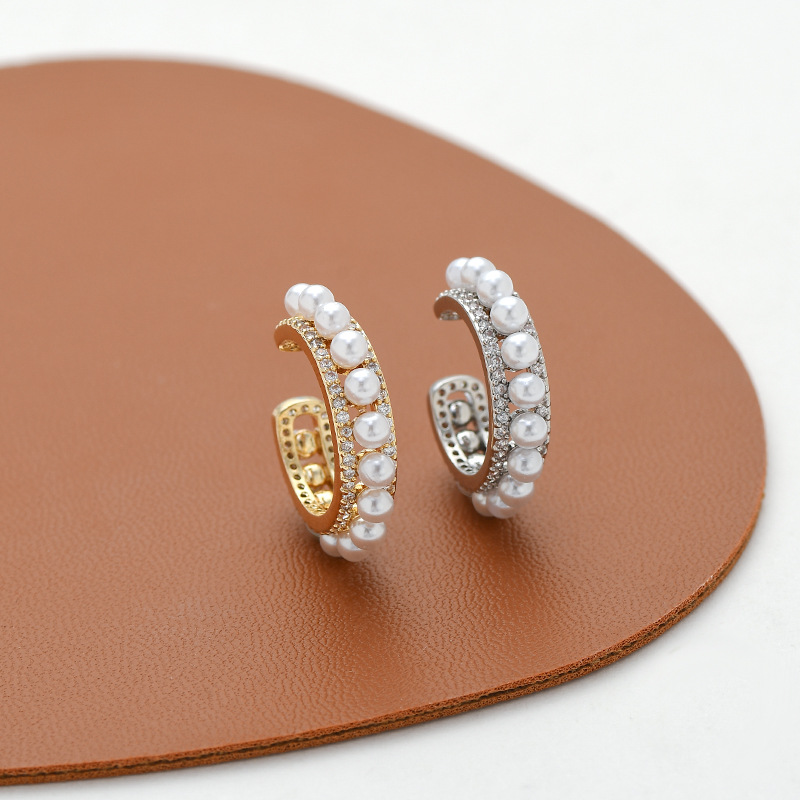 秋冬新款微镶锆石气质无耳洞耳环女小众设计感几何C形珍珠耳骨夹详情2