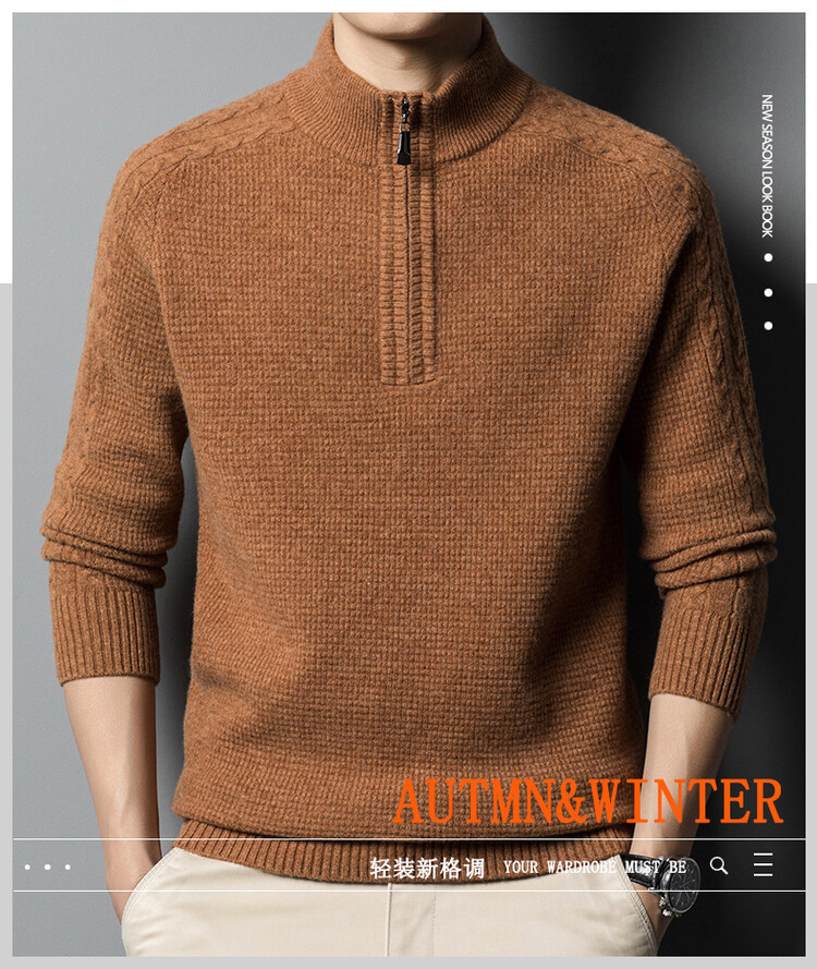 New autumn and winter 100% pure wool sweater for men, thickened semi-high neck zipper wool pullover business knitted sweater pic 1