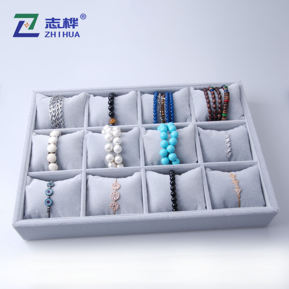 In stock: Grey plush 12-compartment velvet pillow core display box, bracelet, watch and bracelet packaging box pic 2