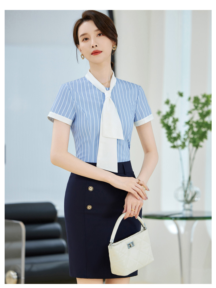 Fashionable work clothes, elegant blue striped shirt, female sales white-collar worker, formal summer short-sleeved XN6803 pic 19