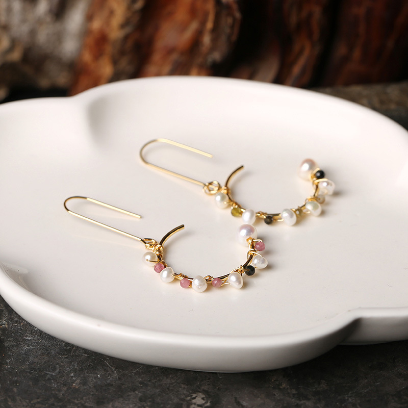 Hand-wound natural tourmaline freshwater pearls, retro and fashionable, face-enhancing, petite and unique, 14K gold-plated retro earrings for women pic 8