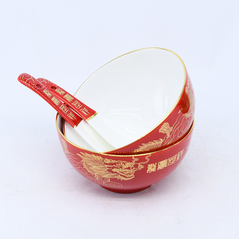 Wholesale of 10 red porcelain wedding bowls, auspicious dragon and phoenix wedding tableware rice bowls, wholesale of red porcelain gift bowls pic 5