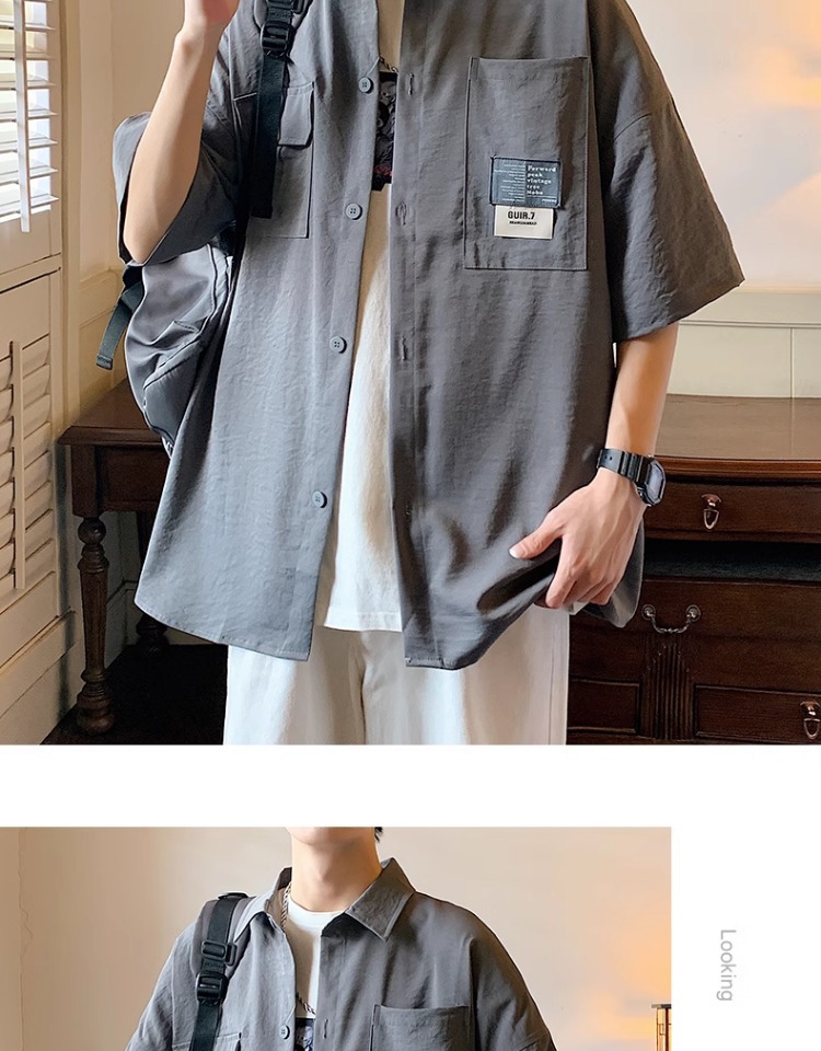 帅气工装美式衬衫男士2024新款潮牌夏季休闲短袖男生夏天宽松衬衣详情12