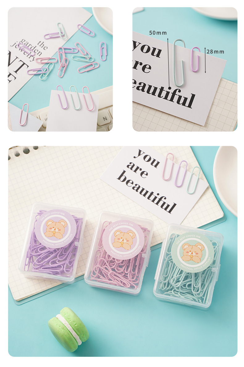 Wholesale macaron-colored box paperclip long tail clip set, cute bear ticket clips, thumbtacks, pins, binding stationery pic 18