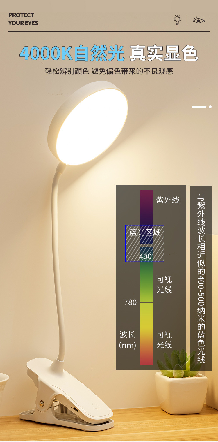 Clip led desk lamp, touch charge and plug dual-purpose, dimming and color adjustment, eye-protecting desk, student dormitory charging and study desk lamp pic 5
