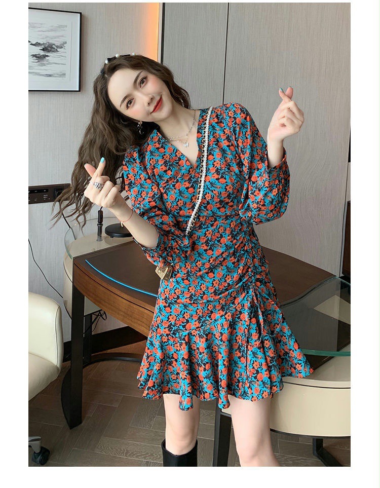 法式碎花V领长袖连衣裙女秋装纯欲风修身性感包臀裙打底辣妹短裙详情17