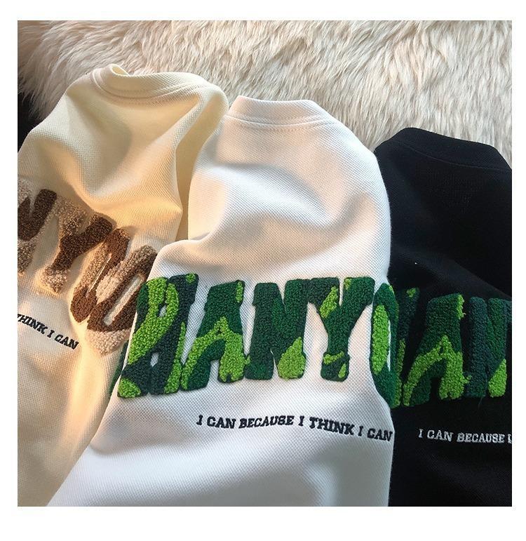 American retro 2022 early spring new collection: Loose couple round-neck white short-sleeved T-shirt with towel embroidery, trendy for women on Instagram pic 4