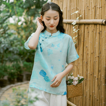 棉麻女装2022夏季新款苎麻印花短袖衬衫女宽松国风复古碎花薄衬衣详情4