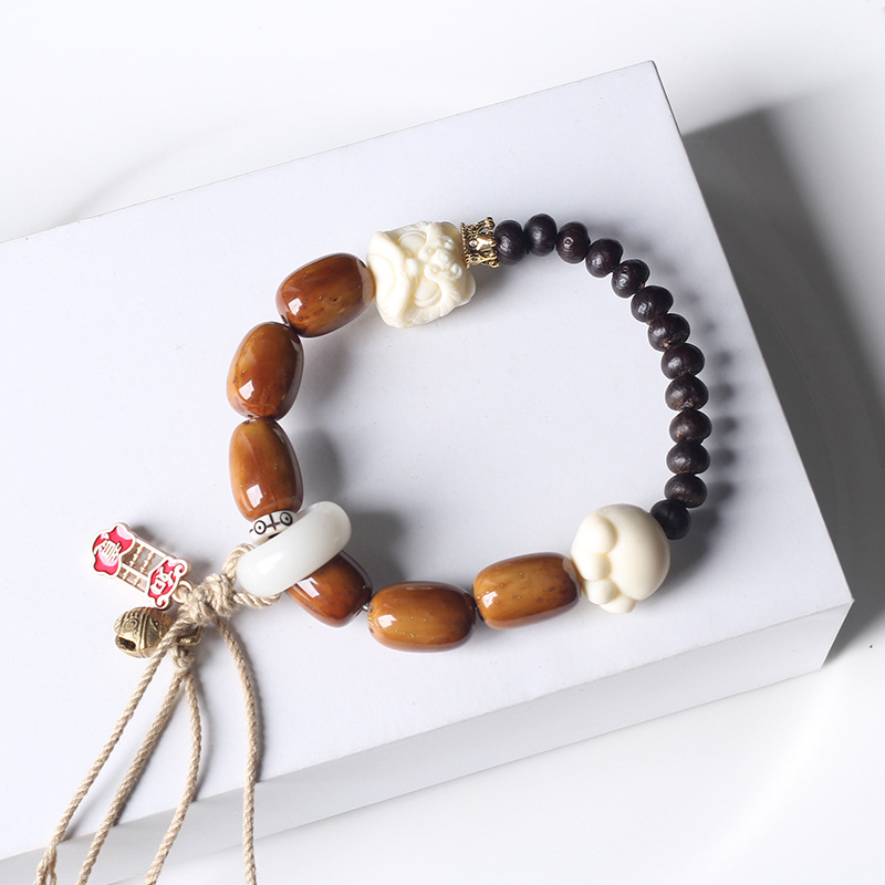 民族风白玉菩提跑环手串紫金鼠象牙果醒狮手链单圈文玩手饰品详情2