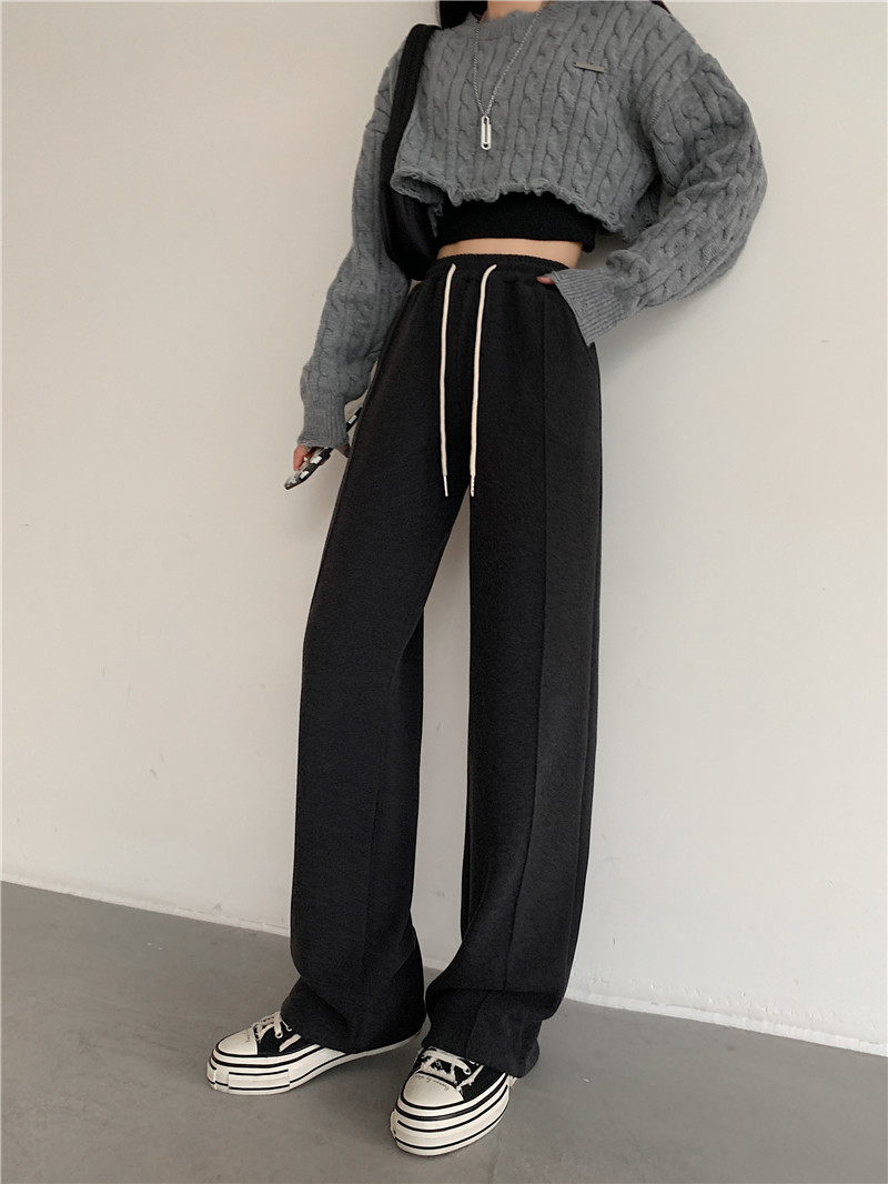 Black wide-leg pants for women in spring and autumn, high-waisted, sagging straight-leg casual pants for slimming, versatile, floor-length, fleece snowflake glutinous rice pants pic 17