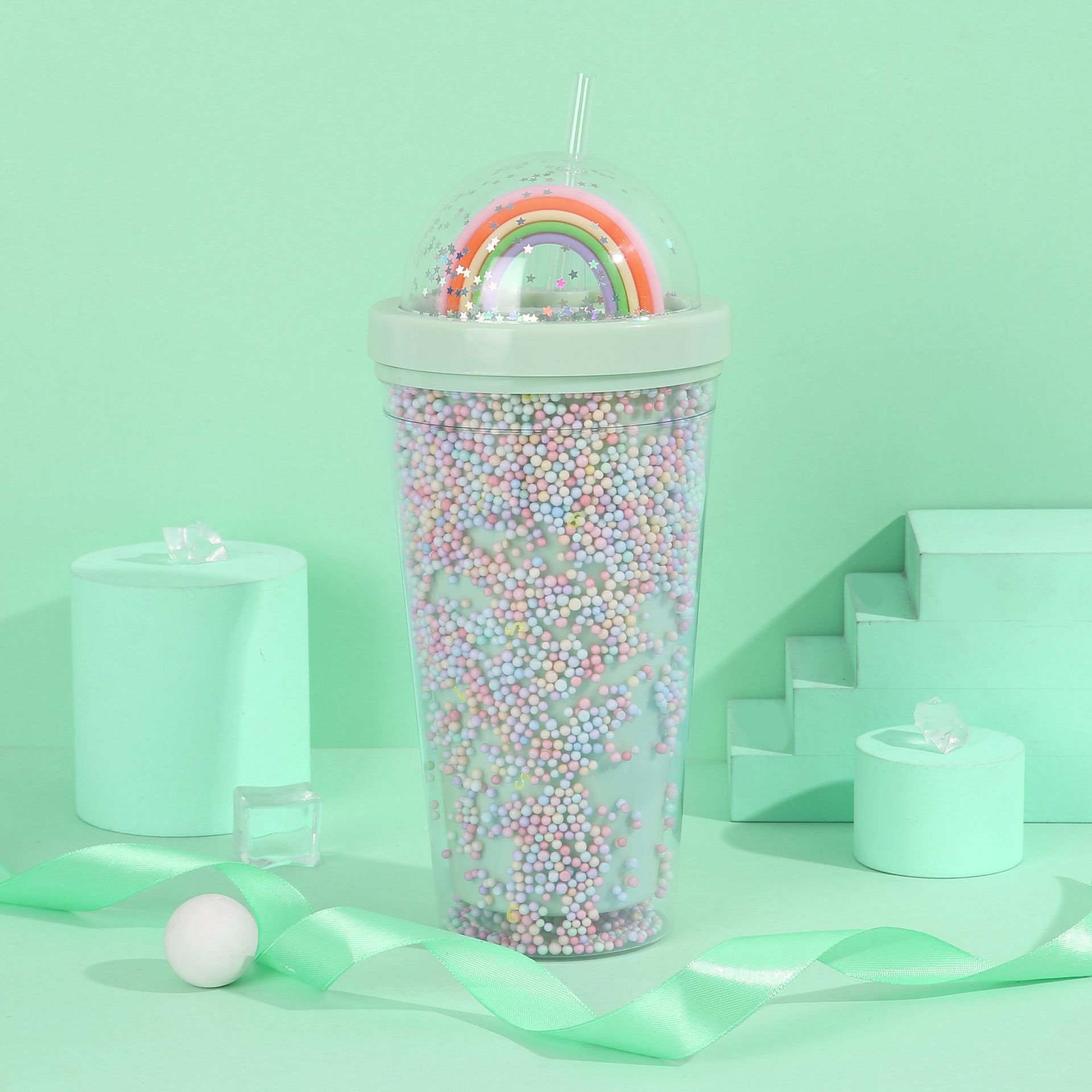 Student foam seven-color plastic cup, outdoor portable and cute water cup, Internet celebrity high appearance level creative rainbow straw cup pic 11