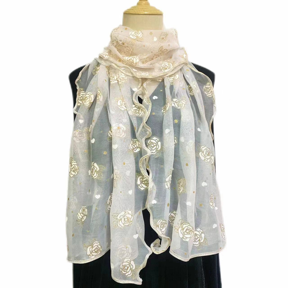 秋冬季韩版高弹长款印花包边围巾女 烫金工艺品百搭披肩纱巾 女士时尚丝巾保暖配饰详情12