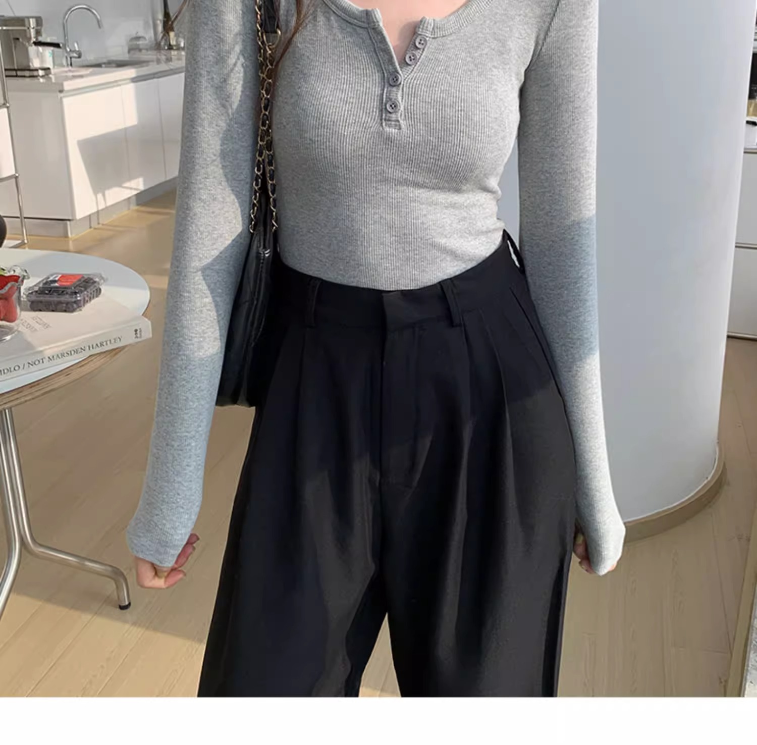 白色长袖t恤女2023秋装新款女装内搭上衣正肩体恤螺纹V领打底衫详情13