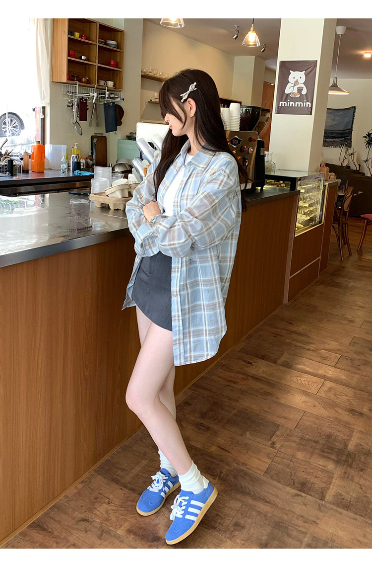 法式设计感小衫蓝色格子防晒衬衫女2024秋季新款女装小清新bm上衣详情18