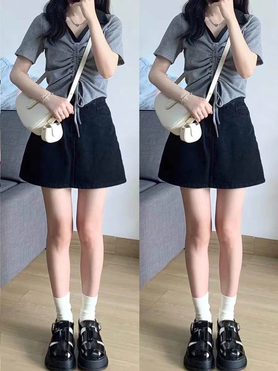 甜辣风polo领抽绳t恤套装女夏高腰包臀半身裙辣妹炸街短袖上衣ins详情4