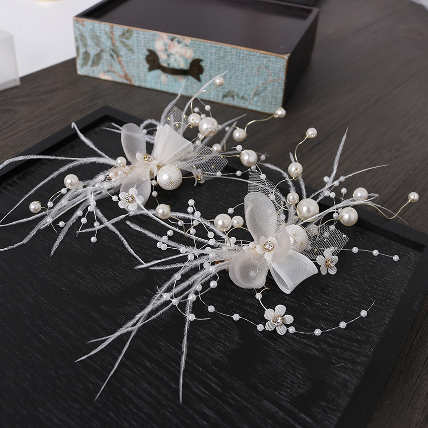 New hair clip headwear, feather super fairy pair clip, handcrafted high-gloss pearl hair accessory, European and American fashion trend hair accessory pic 8