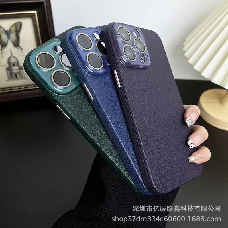 Lychee pattern solid color suitable for iPhone 15plus phone case iPhone14 Pro Max crystal lens film 13 matte pic 13