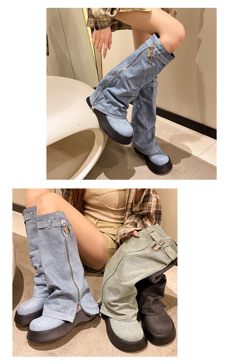 厚底套筒牛仔靴长筒靴女士松糕底骑士靴小个子高靴辣妹长靴裤管靴详情10