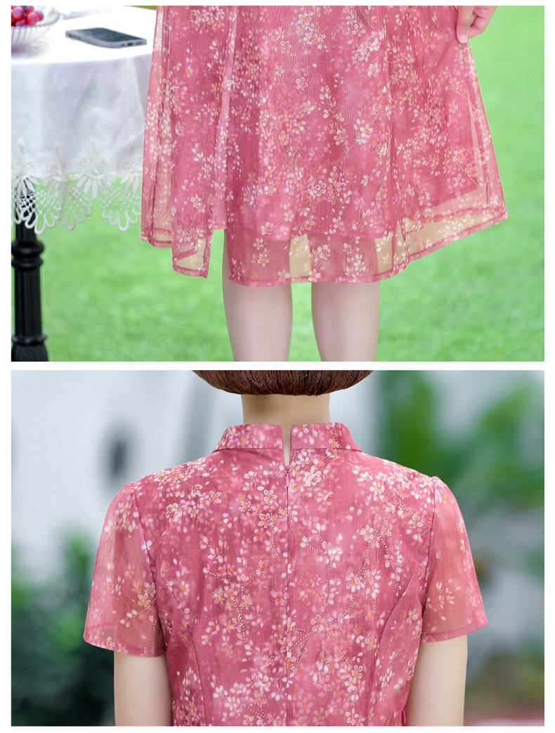 The 2022 new summer mom dress for middle-aged and elderly people aged 40 and 50 short-sleeved chiffon dress is elegant and stylish, making them look younger and slimmer pic 56