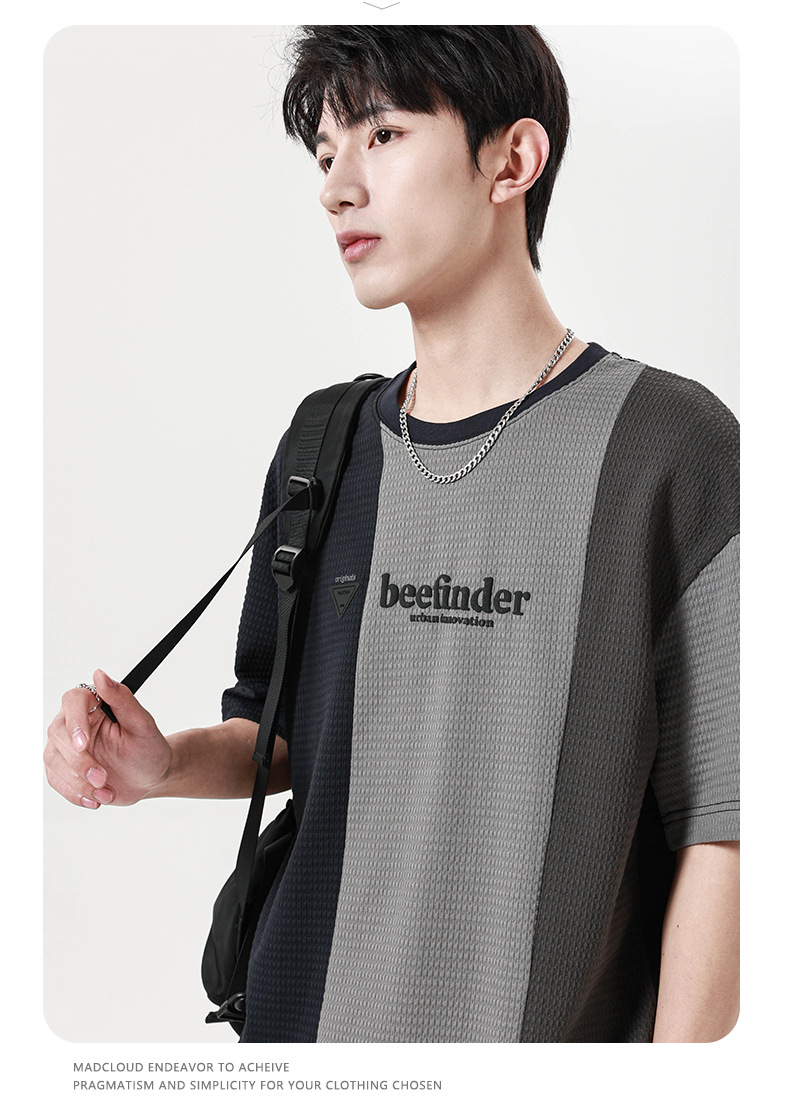Summer Waffle short-sleeved T-shirt for men, loose round neck, color-blocked trendy brand, Japanese retro half-sleeved men pic 8