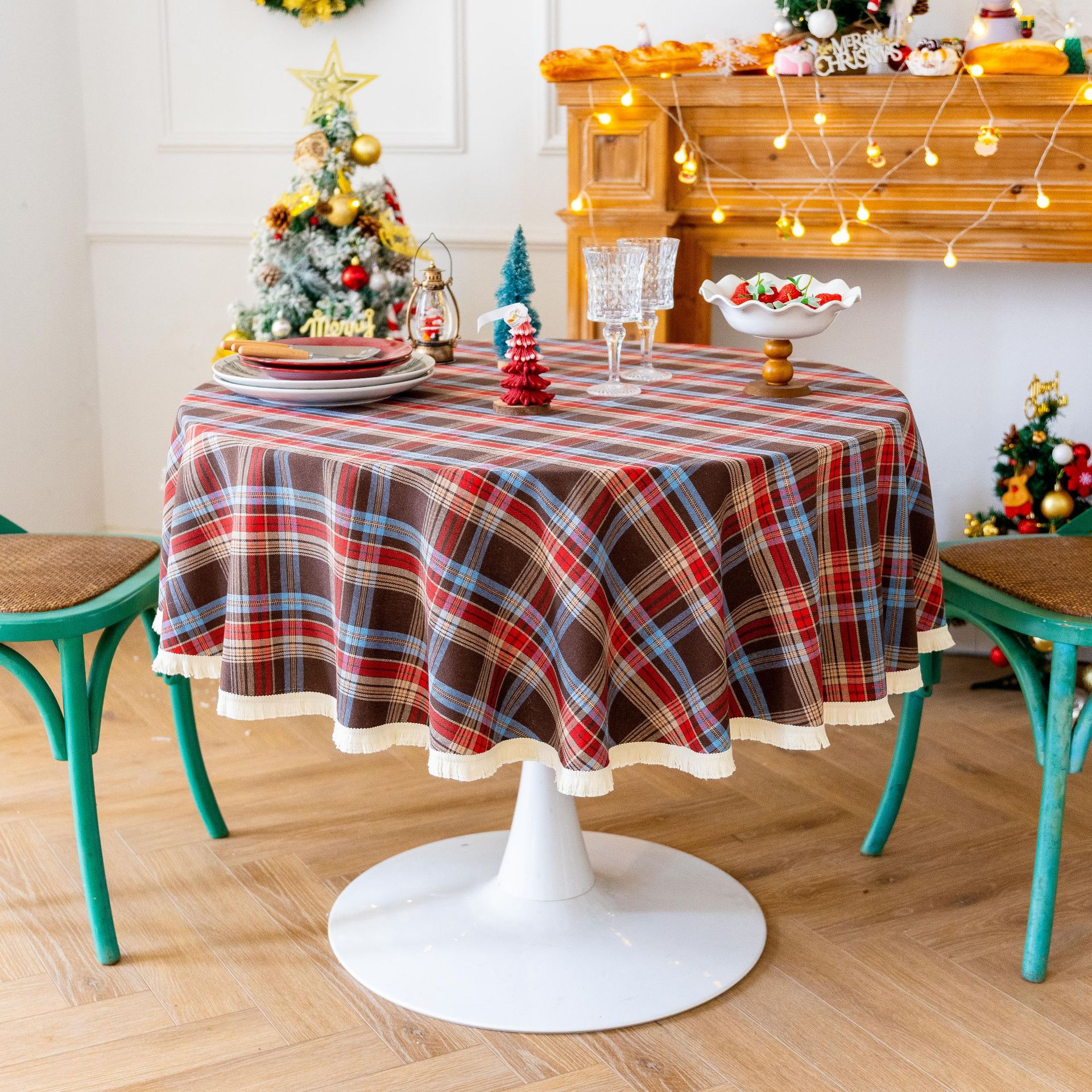Tablecloth, coffee table, cotton and linen decorative table, ins style best-selling rectangular retro dining table, festive red Christmas checkered pic 25