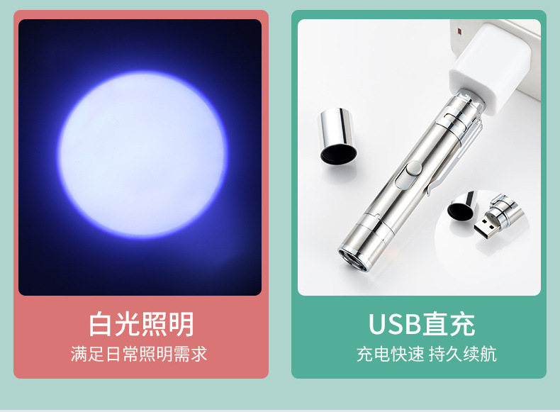 USB直充不锈钢迷你充电手电激光图案紫光逗猫棒猫癣自嗨猫咪用品详情3