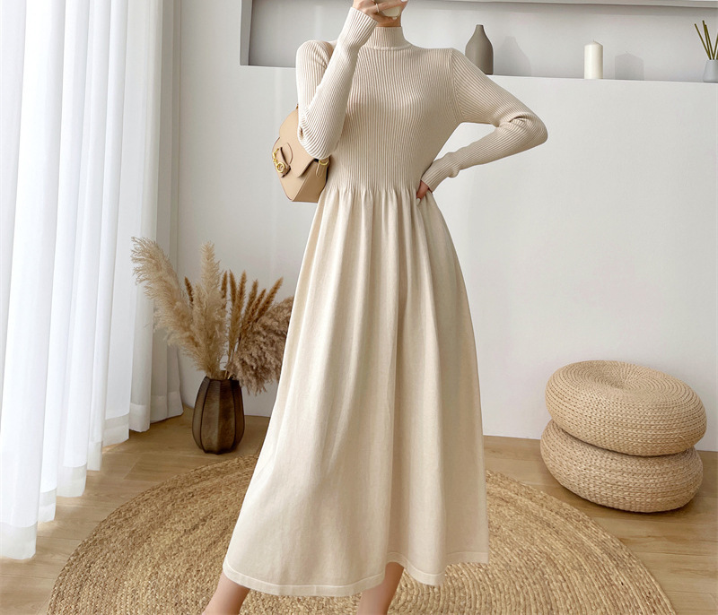Semi-high neck mid-length elegant woolen dress, new autumn/Winter 2024 Korean-style long-sleeved base knitted dress for women pic 44