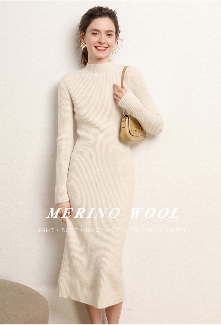 Early autumn semi-high-neck wool dress for women, mid-length sweater, knee-length cashmere knitted body-hugging skirt, long skirt as a base layer pic 16