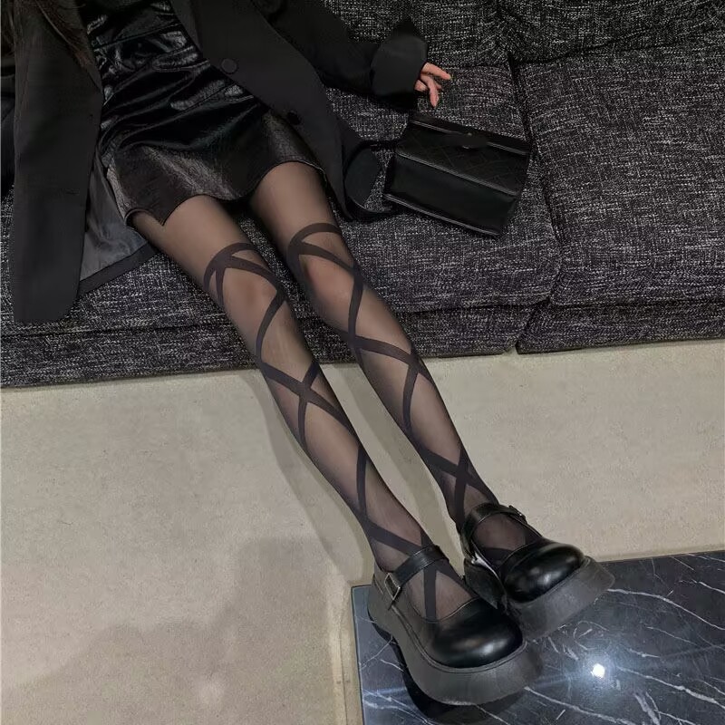 交叉绑带性感黑丝袜女防勾丝耐穿薄款辣妹纯欲风jk黑丝瘦腿连裤袜详情3