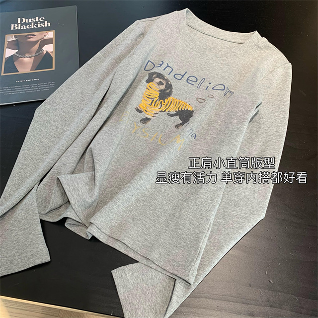 Playful and youthful embroidered printed puppy loose straight top straight-shoulder round-neck long-sleeved T-shirt for women 2025 early Spring G021418 pic 10