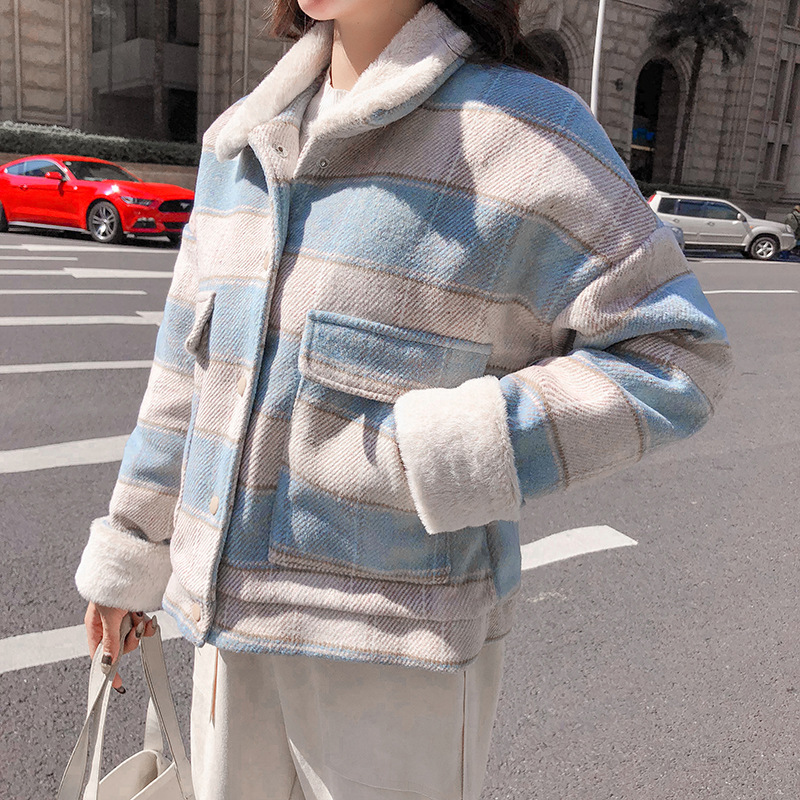 New loose checkered thickened windbreaker, short and versatile woolen coat for petite people pic 20