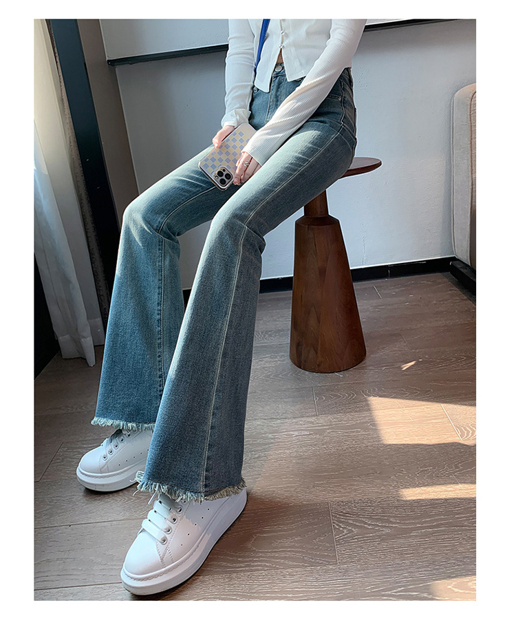韩版复古高腰毛边微喇裤女2024秋季新款弹力修身显瘦喇叭牛仔裤子详情17