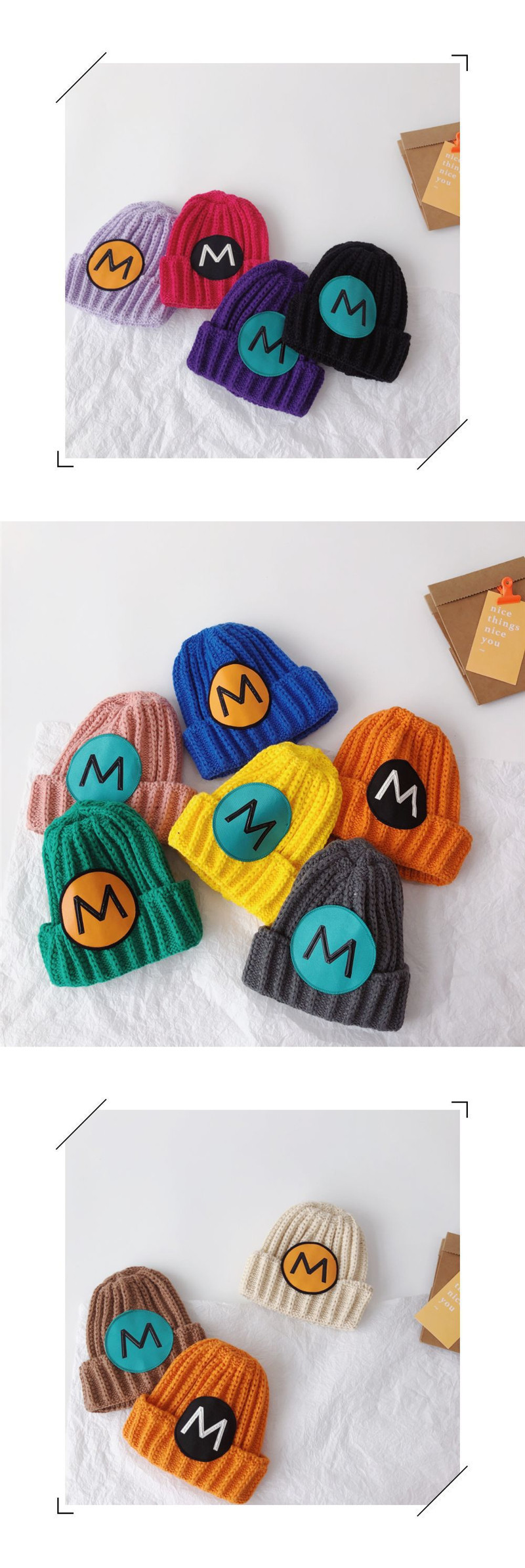 New versatile and in-stock autumn and winter tie-dyed patchwork letter monochrome warm knitted woolen caps for boys, girls, children and toddlers pic 4