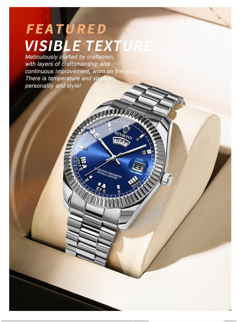 宾邦手表男士非机械表防水日志型时尚男表蓝色跨境情侣商务腕表详情26