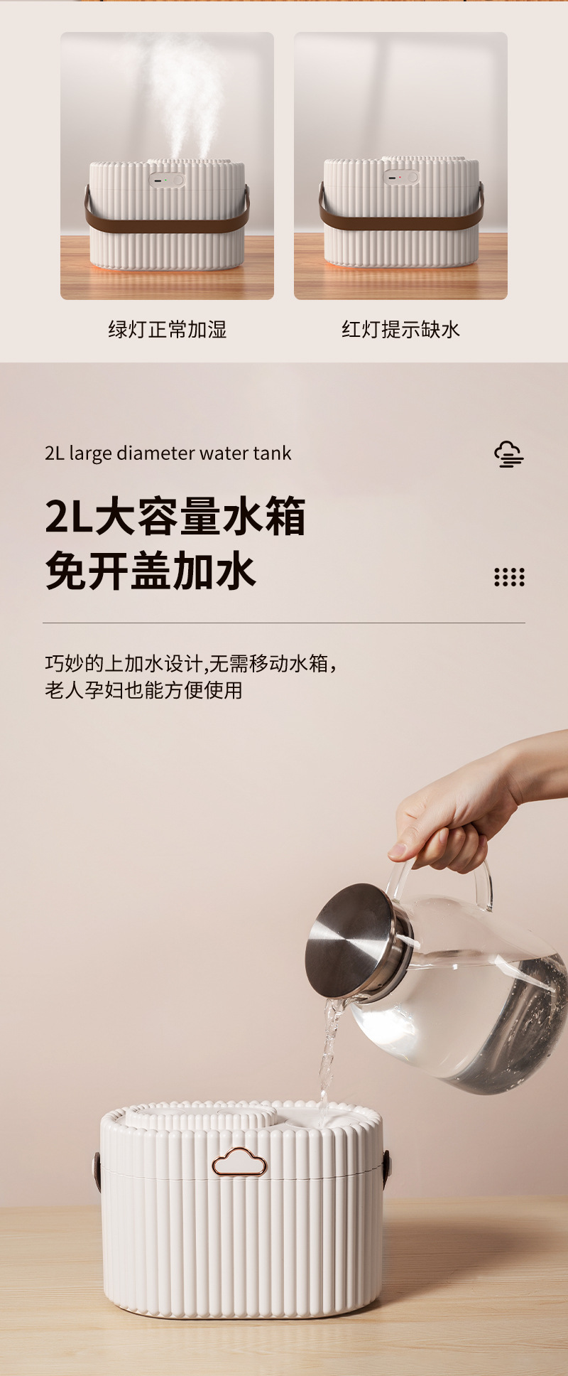 新款2L大容量双喷加湿器办公室桌面家用静音usb香薰加湿器厂家详情9