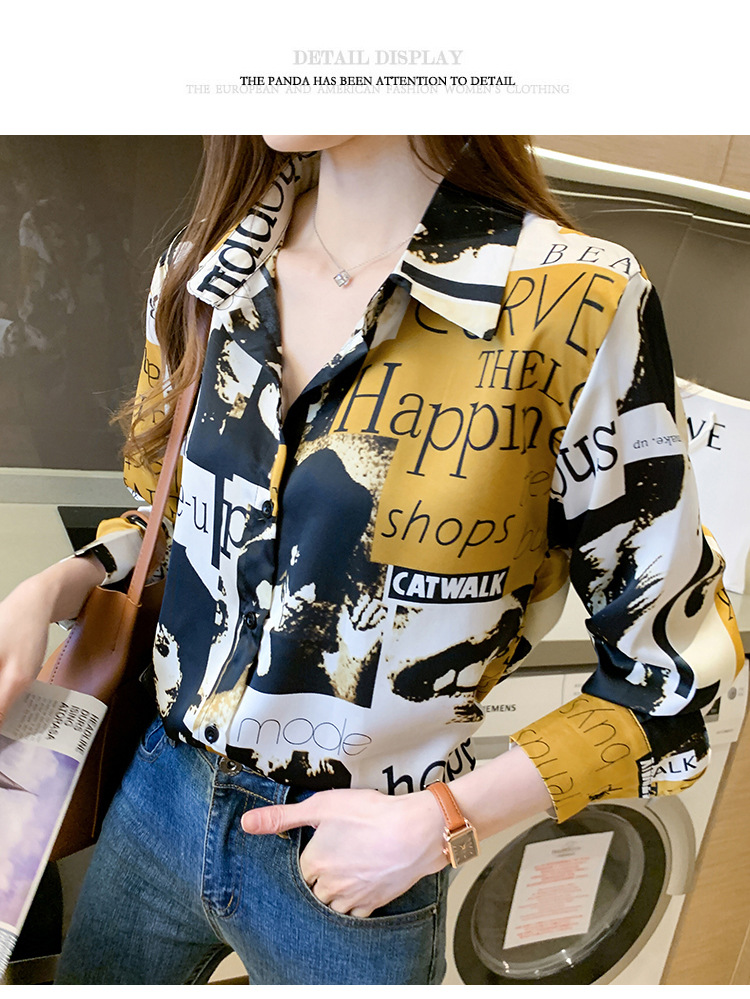 Hong Kong-style printed shirt for women, a niche design, a new 2020 early autumn style, stylish and retro Hong Kong-style chiffon long-sleeved top pic 10
