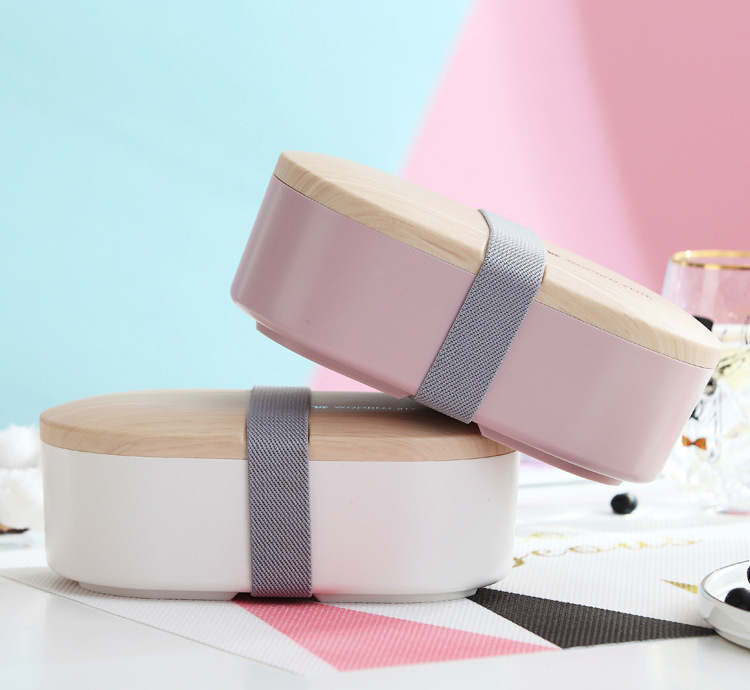 INS网红木质感单层椭圆形饭盒 学生办公便当盒北欧风带餐具午餐盒详情17