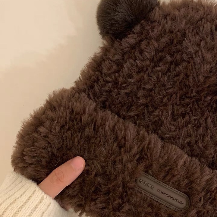 韩系可爱小熊毛绒针织帽子女秋冬季加厚保暖包头帽仿皮草套头盆帽详情14
