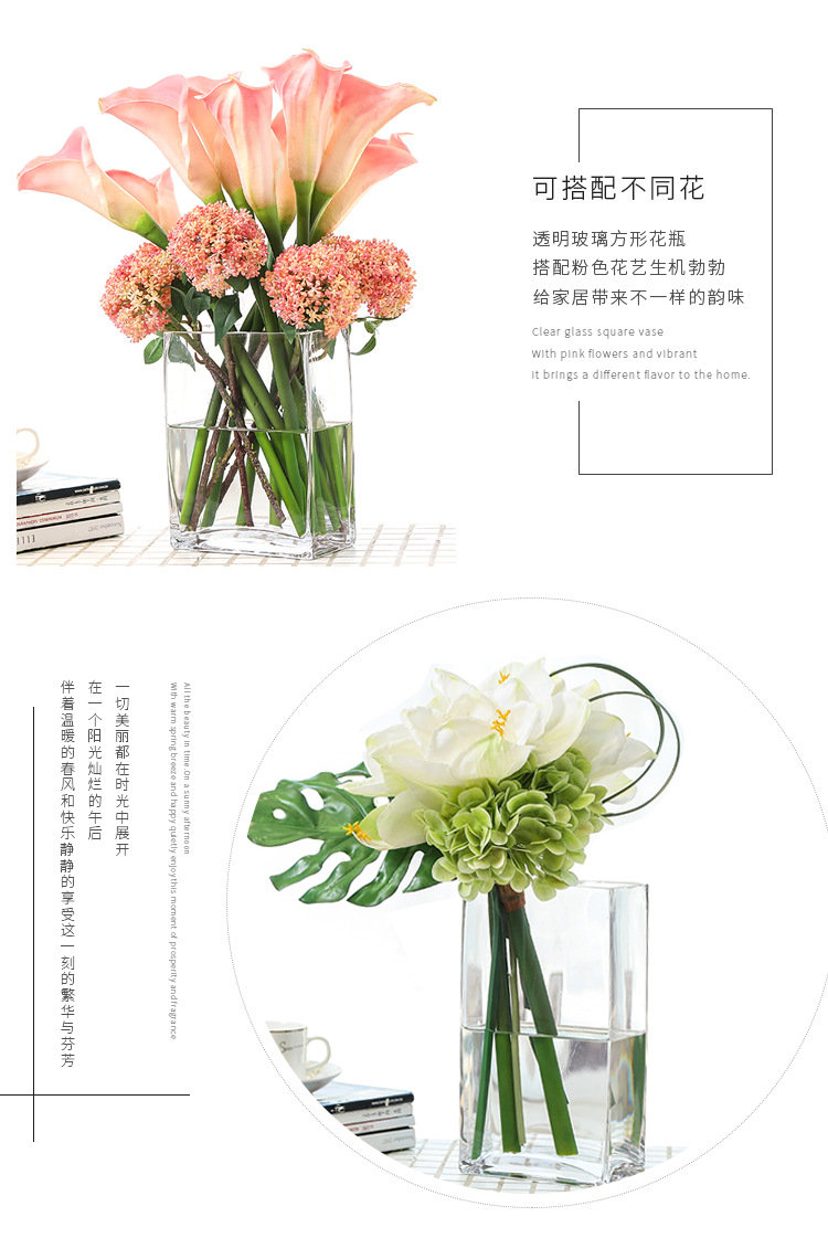 Square VAT glass vase, transparent hydroponic lucky bamboo lily, flat VAT square vase, floral art, living room flower arrangement ornaments pic 8
