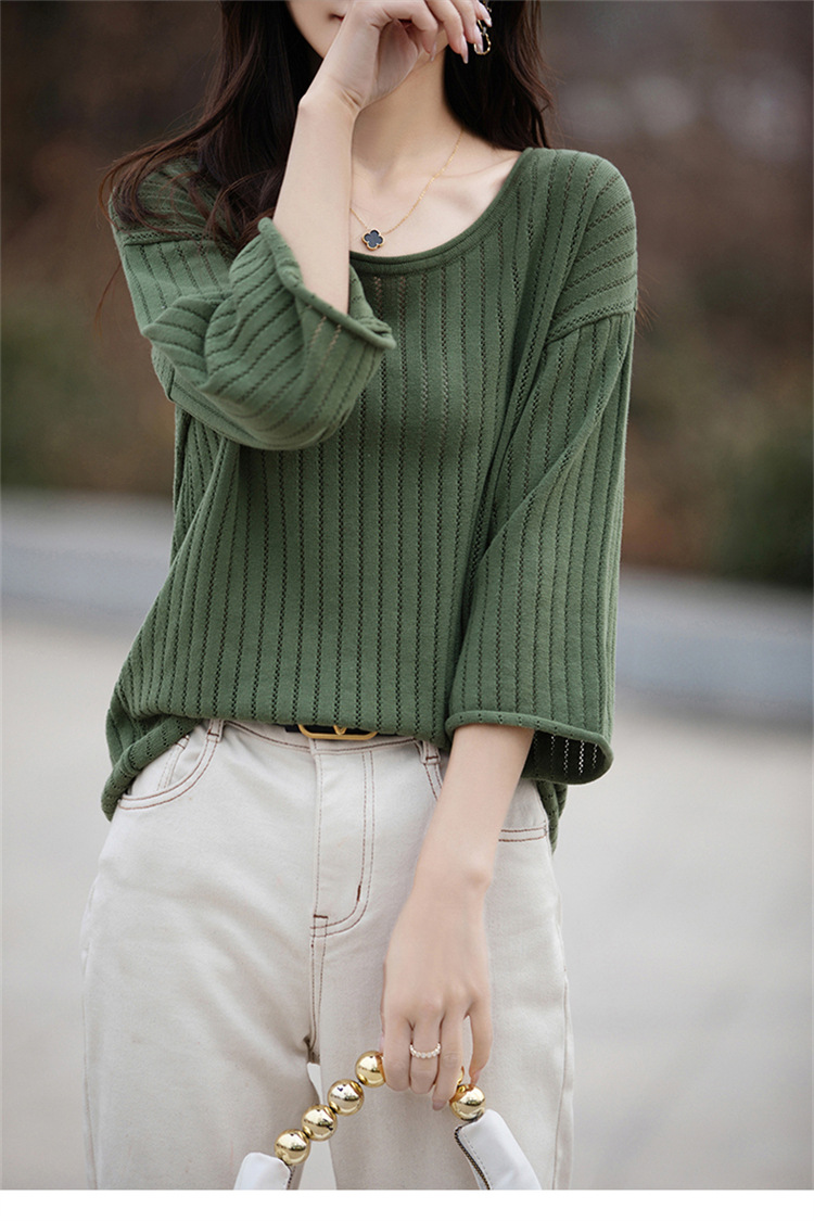 七分袖中袖夏女装纯棉镂空针织套头T恤清凉针织衫宽松版套头大码详情16