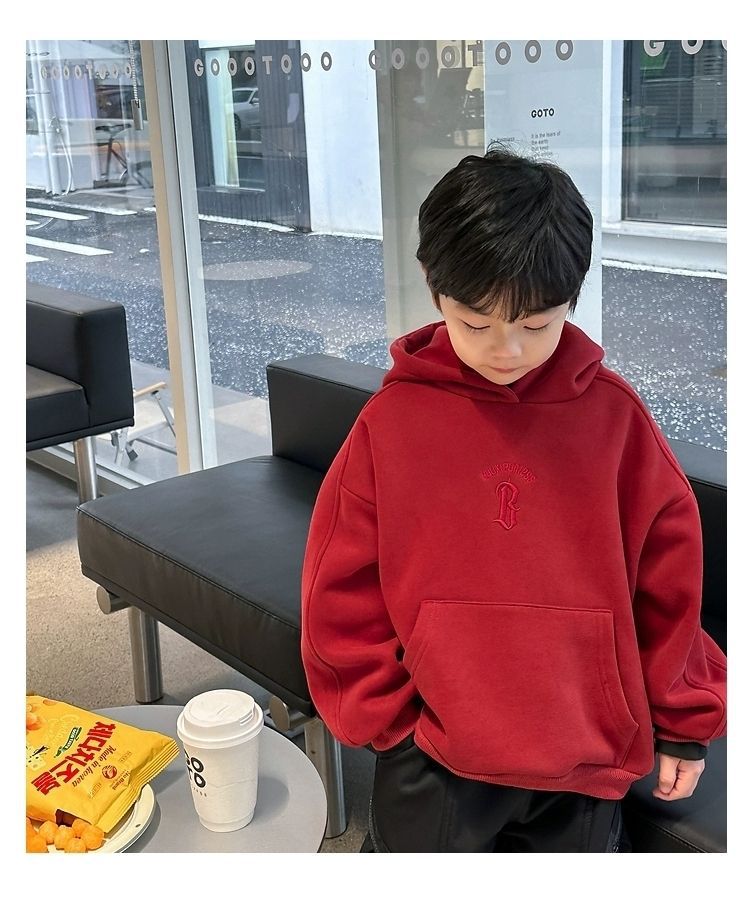 儿童字母刺绣加绒加厚新年红色连帽套头卫衣冬韩版男女童宽松上衣详情7