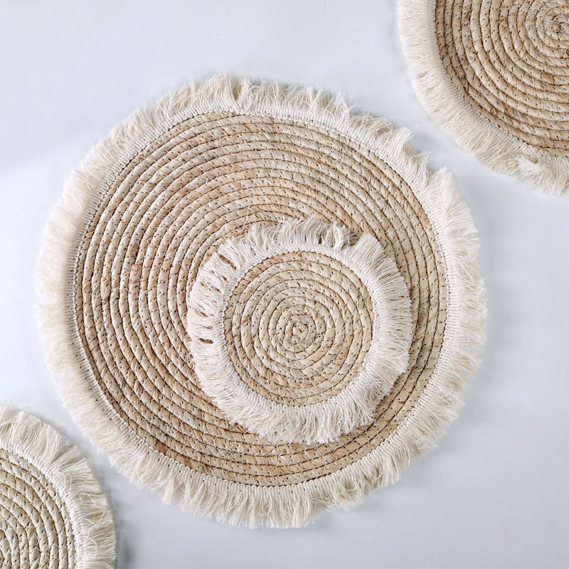 创意家居草编餐垫玉米皮绳编织圆形餐桌垫流苏边装饰垫加厚隔热垫详情2