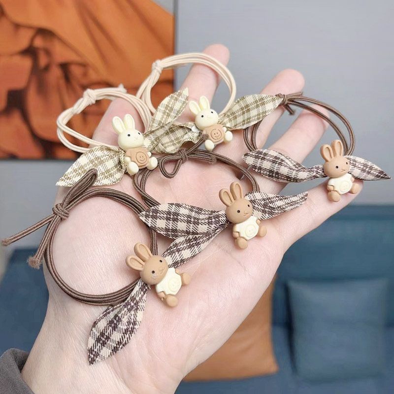 本命兔年格子头绳布艺蝴蝶结发绳韩国奶茶色气质橡皮筋甜美发饰品详情2