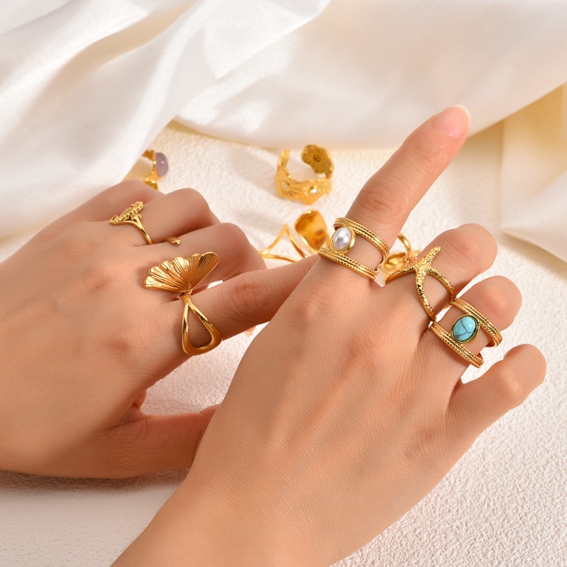 Wholesale of 18k gold stainless steel seahorse open ring with Marine elements in the classic INS style of Europe and America, which does not fade pic 13