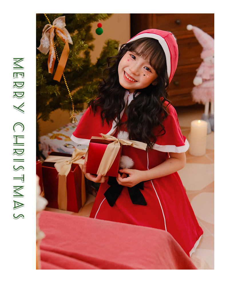 圣诞节儿童服装女童披肩斗篷连衣裙红色裙子派对装扮服饰圣诞老人详情22