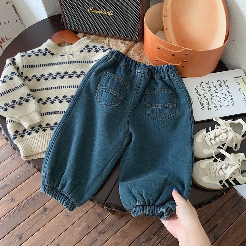 Pantalones niño invierno niños retro pantalones 2023 bebé hombre pantalones vaqueros otoño invierno con fleece niño pantalones casual versión coreana pic 5